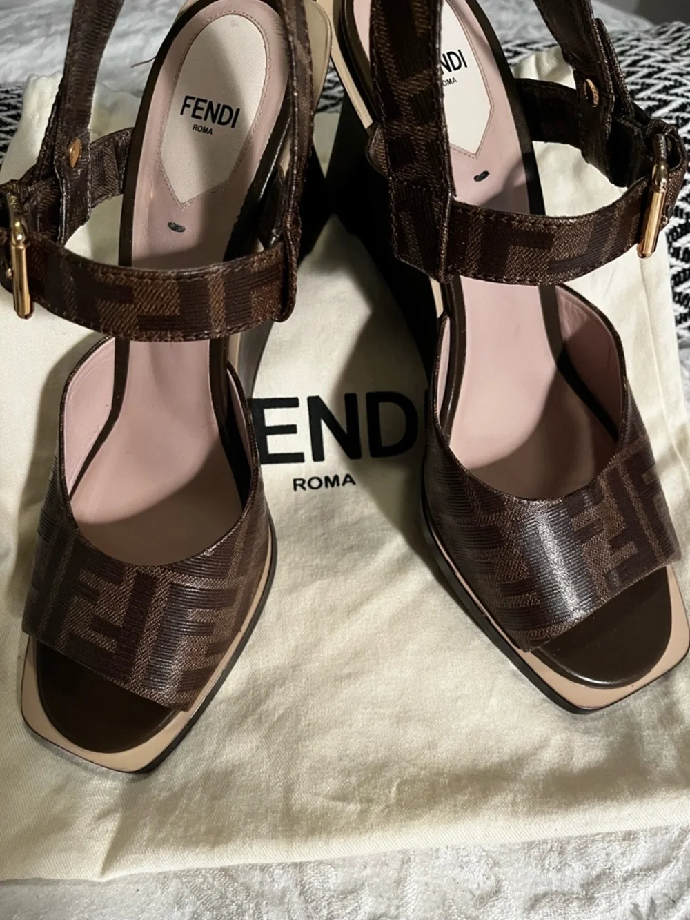 Fendi Brown FF Logo Slingback Wedge Sandals - Picture 2 of 4